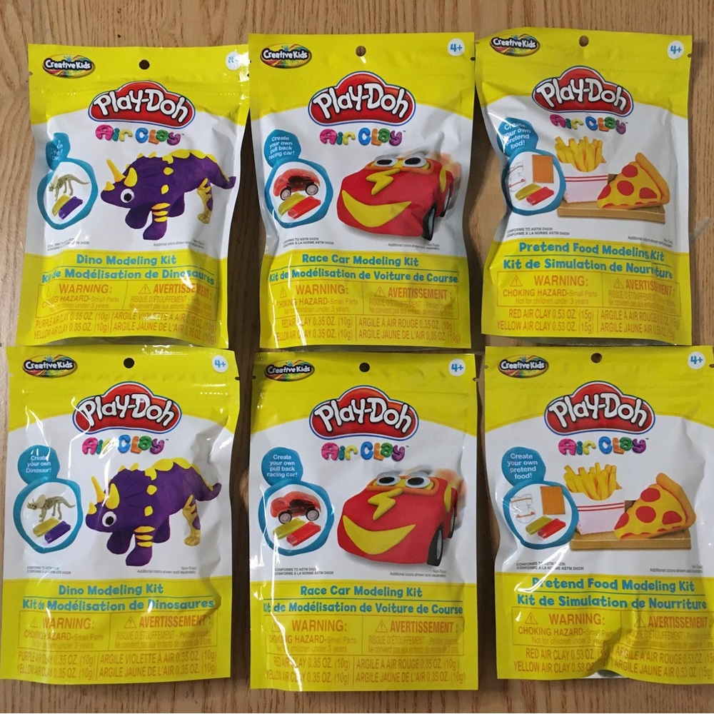 New Bundle Of 6 Play-Doh Air Clay Modeling Kits Include 2-Food 2-Race Car 2-Dino